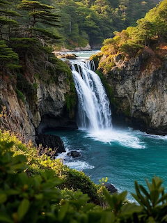 White waterfall flowing into bright turquoise pool surrounded by green forest and rock formations