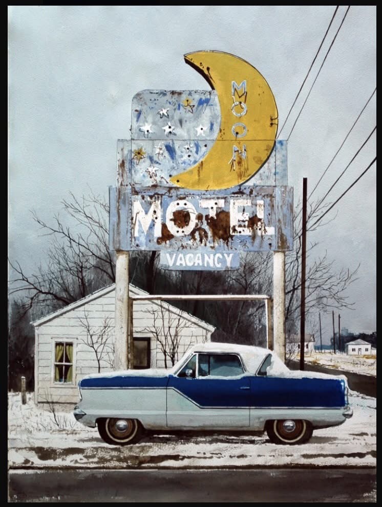 Painting of a retro motel with a large crescent moon sign and a vintage blue car parked outside in winter