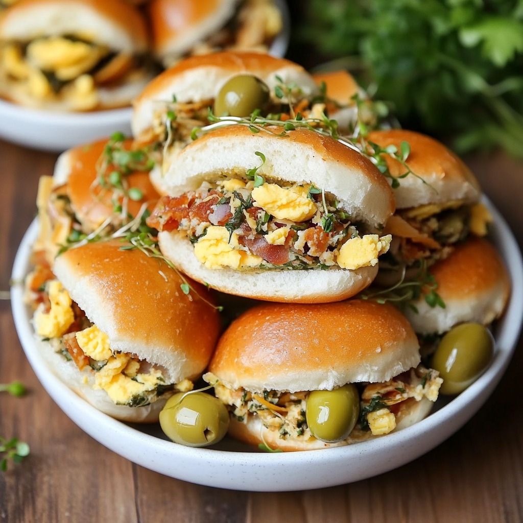 Plate of mini slider sandwiches stuffed with eggs and herbs, surrounded by green olives on a wooden surface