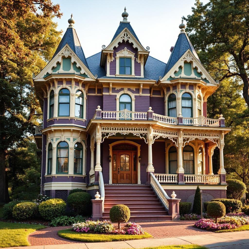 Grand Victorian mansion with ornate architectural details, blue roof, and pink exterior surrounded by autumn trees