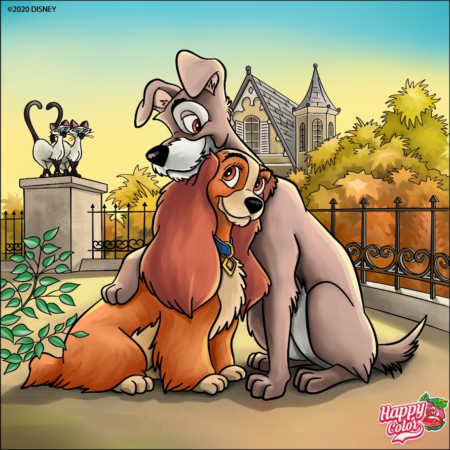 Cartoon of Lady and Tramp sitting together in a park with a house and autumn trees behind them