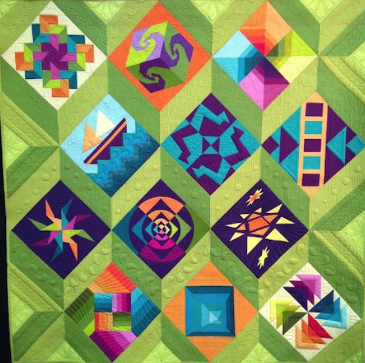 Colorful quilt sampler with geometric blocks in diamond frames on green lattice background