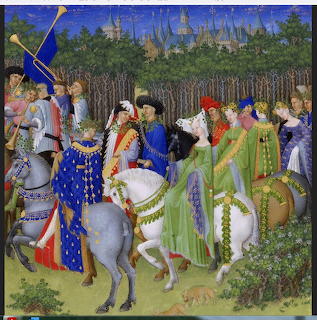 Medieval riders in colorful robes on horseback in a detailed courtly procession painting
