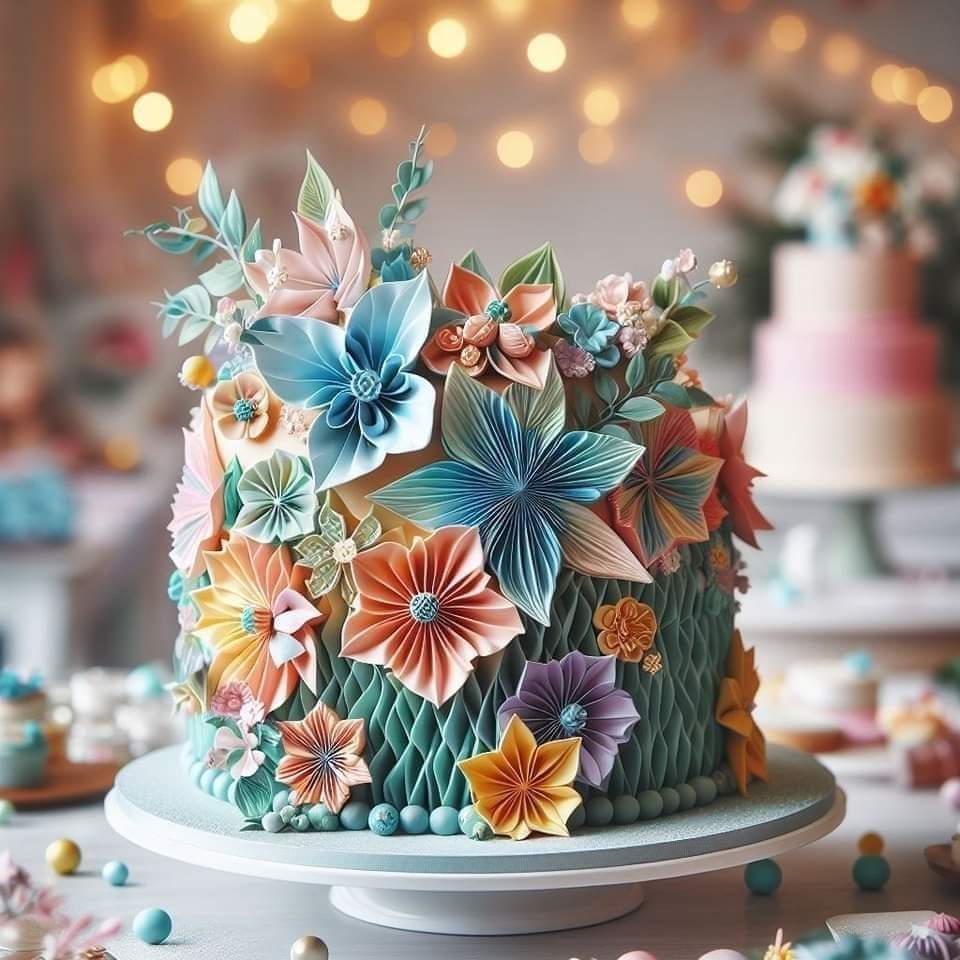 Colorful cake covered with detailed sugar flowers on a white cake stand