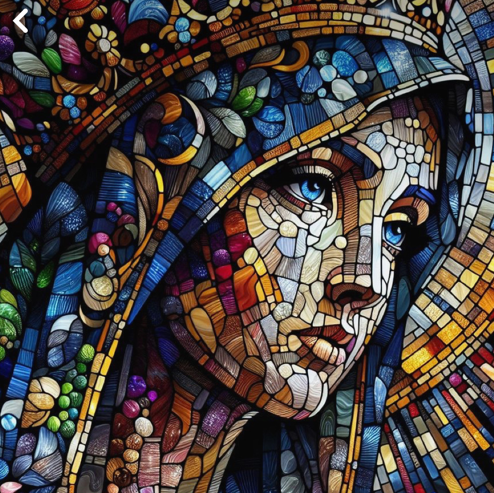 Colorful stained-glass style mosaic portrait of a woman with blue eyes and flowing patterned headdress