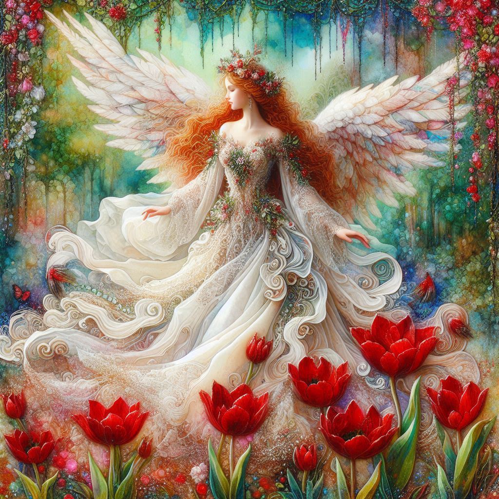 Fantasy fairy with white wings and flowing dress standing among red tulips in a magical garden