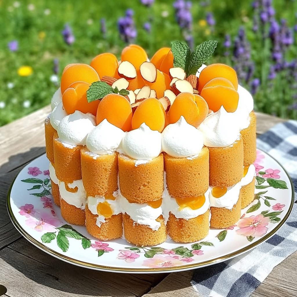 Charlotte cake with apricots, cream, almonds on floral plate outdoors