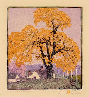 Art print showing a large golden oak tree next to white cottages with purple hills behind