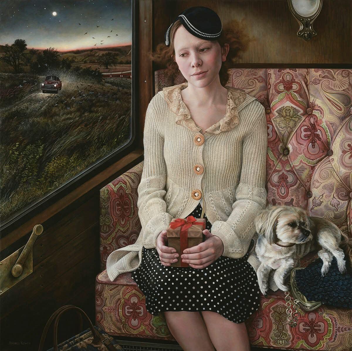 Young woman seated in a vintage train compartment holding a gift, with a small dog beside her