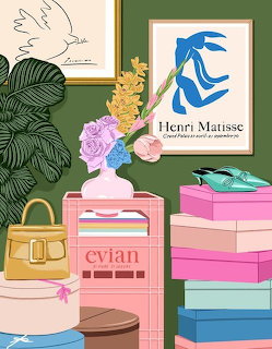 Illustrated still life with Evian box, flowers in a vase, yellow handbag, stacked boxes, and a Matisse poster on green wall