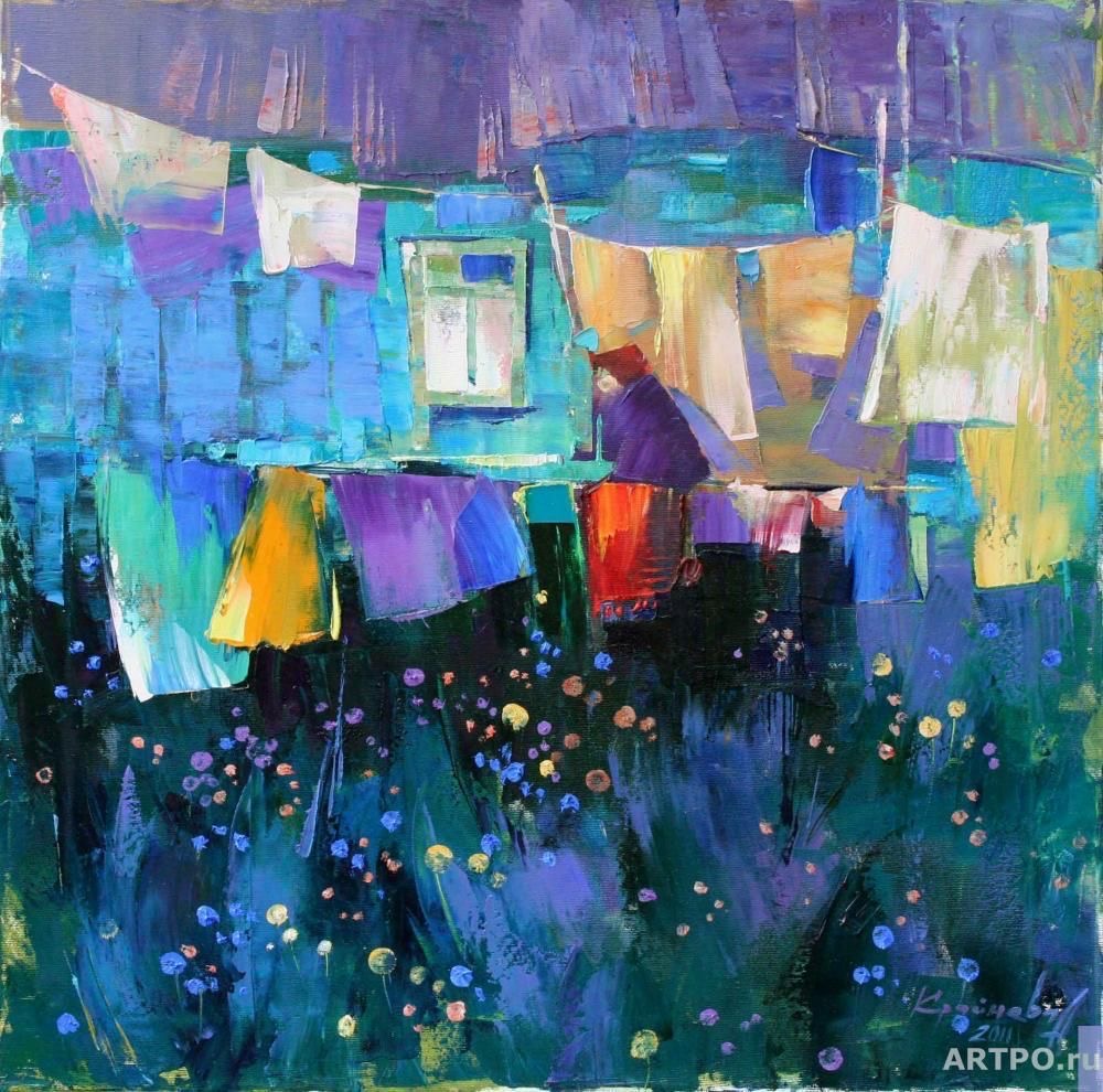 Abstract painting of colorful clothes hanging on lines above blue flowered field with thick brushstrokes