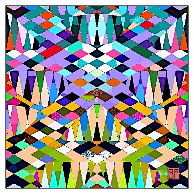 Colorful symmetrical geometric abstract pattern with diamonds, triangles and rectangles in vibrant hues