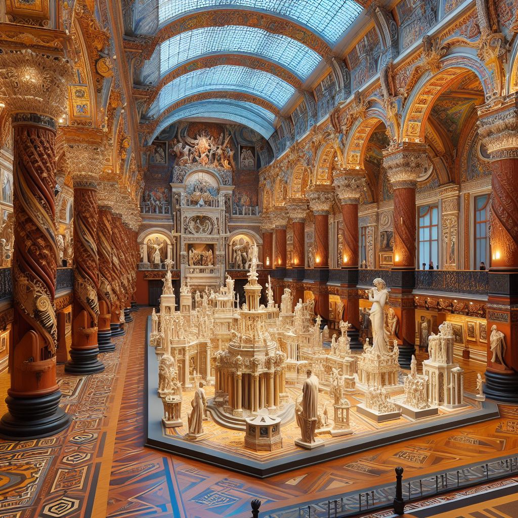 Ornate museum interior with arched ceiling, columns, and lit display cases with sculptures