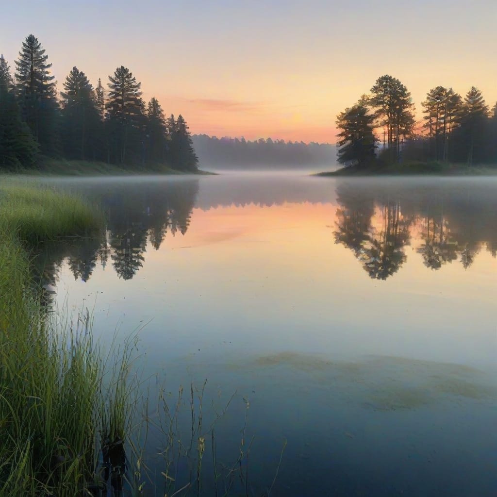 Misty lake at dawn with pine trees, green grasses, and a pastel sunrise sky reflected in still water