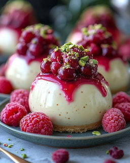 Individual cheesecake dome with raspberry topping and pistachio garnish on gray plate