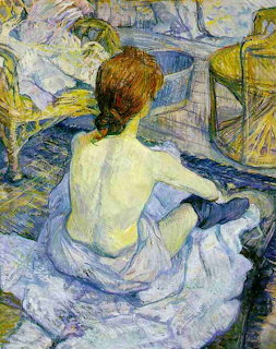 Impressionist painting of woman in white seated at vanity table, back view, blue and yellow tones