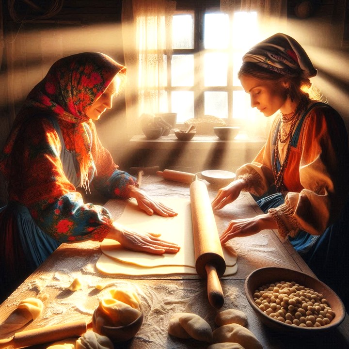 Two women in headscarves kneading dough at wooden table in sunlit rustic kitchen
