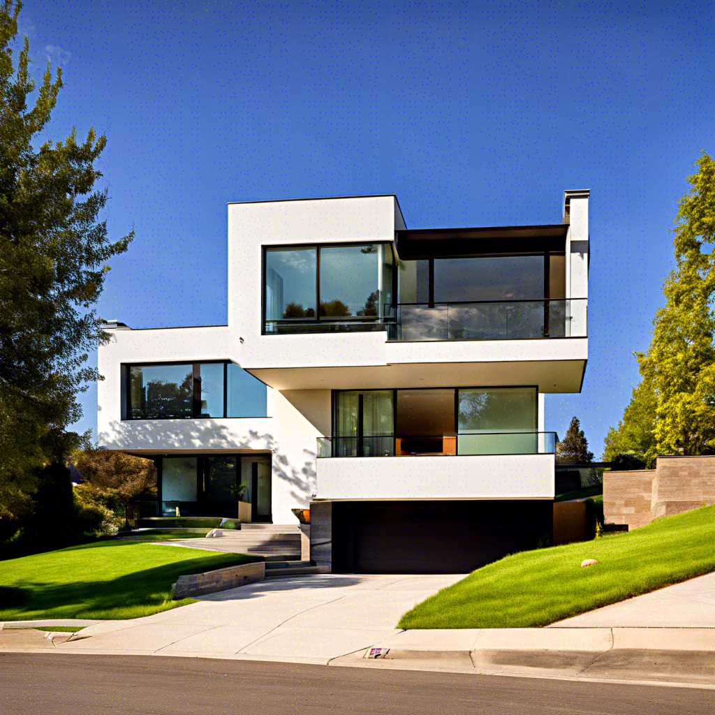 Modern white multi-level house with geometric design, floor-to-ceiling windows, and green lawn