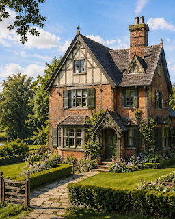 Tudor brick cottage with decorative timber framing in a sunny garden with lawn and trees