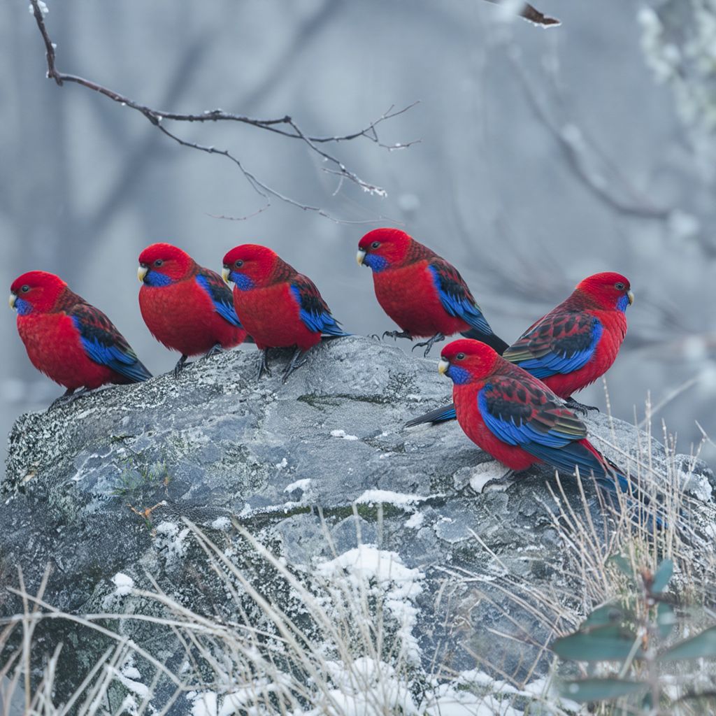 Six crimson rosella parrots with red and blue feathers sitting on a frosty rock in foggy forest