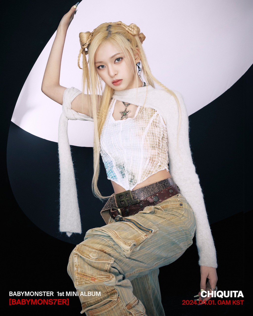 BABYMONSTER Chiquita in white mesh crop top and cargo pants, K-pop album promo photo