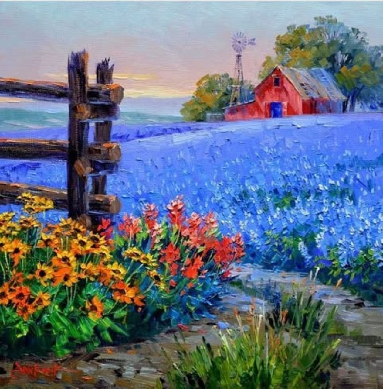 Impressionist painting of red barn in field of blue flowers with orange blooms and wooden fence at sunset
