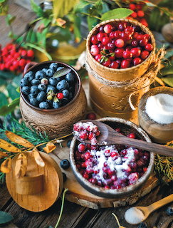 Rustic bowls of cranberries and blueberries with sugar on a wooden table with autumn leaves