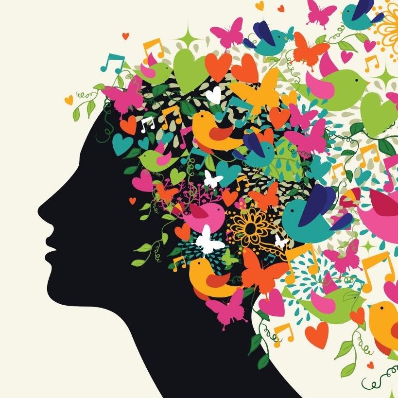 Black profile silhouette with colorful butterflies and flowers emerging from head representing thoughts and creativity