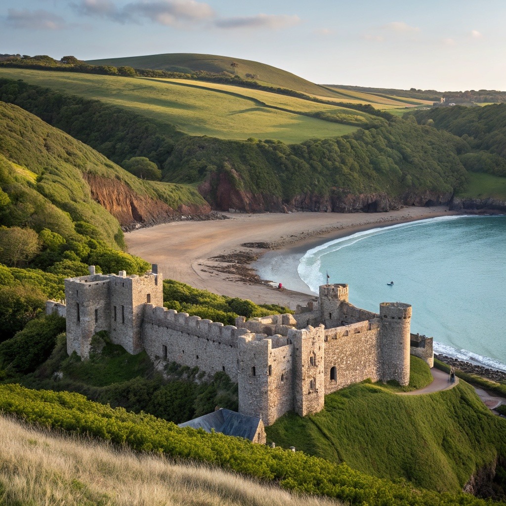 Medieval stone castle on a green hillside above a sandy beach and blue bay with rolling hills behind