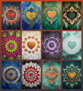 Collage of twelve ornate mandala artworks with heart and geometric patterns in various colors