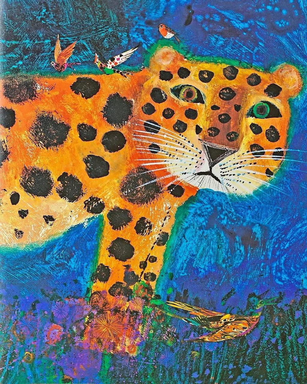 Stylized painting of a spotted leopard in orange and blue with birds