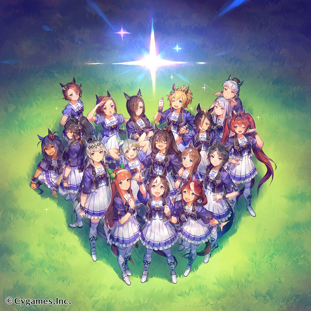 Group of anime girls in matching blue and white dresses with animal ears arranged in formation under a bright glowing star