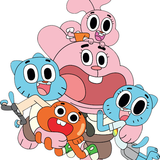 Animated cartoon characters from Gumball show smiling together in a group