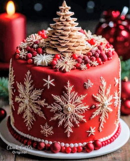 Red Christmas cake with white snowflake designs, cookie tree topper, and red berry garland on dark festive background