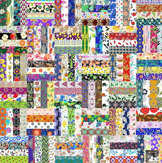 Dense patchwork of colorful patterned fabric strips overlapping in a vibrant quilted collage