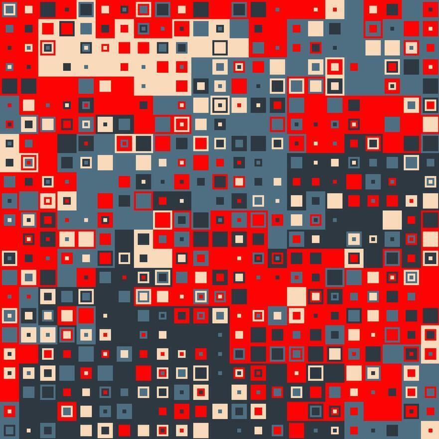 Abstract mosaic of red, gray, white, and black squares in a dense geometric grid pattern