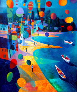 Abstract painting of harbor with boats, colorful floating spheres, and buildings in vivid blues, oranges, and yellows