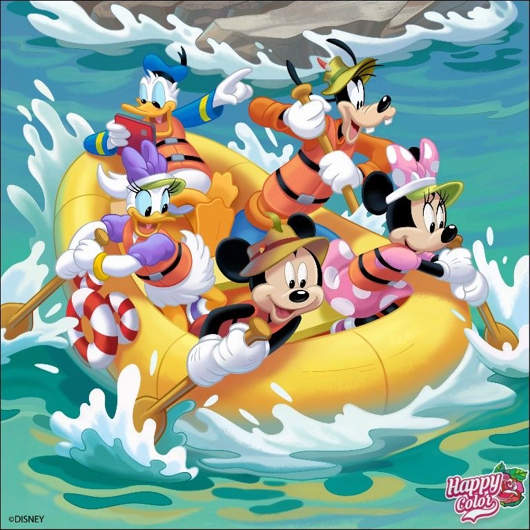 Mickey Mouse and Disney friends in yellow raft riding through white water rapids