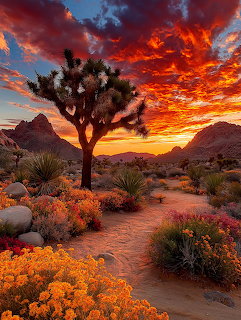 Joshua tree in desert with dramatic red and orange sunset sky and colorful wildflowers