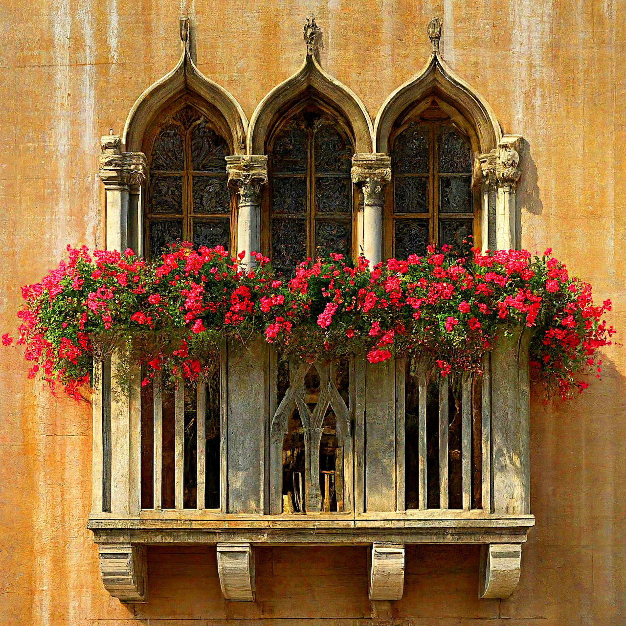 Gothic balcony with three arched windows and red flowering plants in window boxes against golden yellow weathered wall