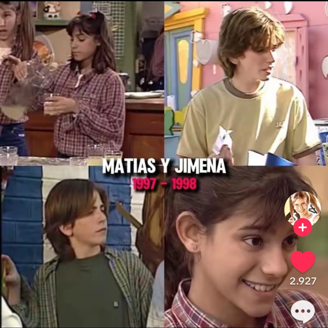 Four-panel collage of a boy and girl from a TV show with center text reading Matias y Jimena 1997–1998