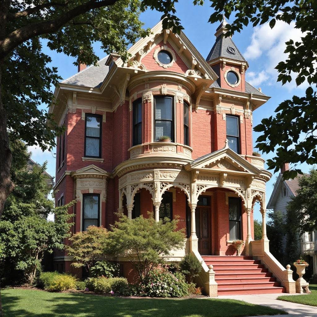 Pink Victorian mansion with tower, ornate trim, and front stairs on green lawn