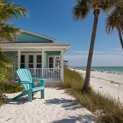 Turquoise chair by a beach house with palm trees, white sand, and ocean view