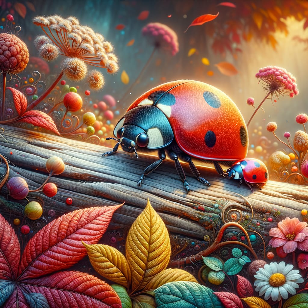 3D rendered ladybug on wood with colorful mushrooms and flowers in a fantasy garden