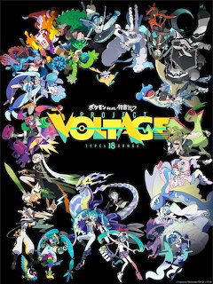 Anime collage of Hatsune Miku characters with Pokemon creatures arranged in a circle around yellow Voltage logo
