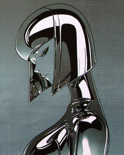 Reflective chrome woman in side profile on a muted blue background