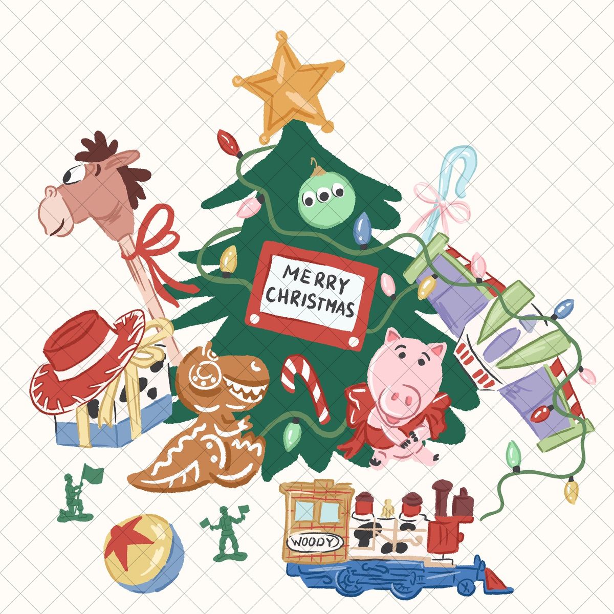Toy Story Christmas illustration with a decorated tree, alien, Hamm, Woody hat and boots, gifts, and stockings.