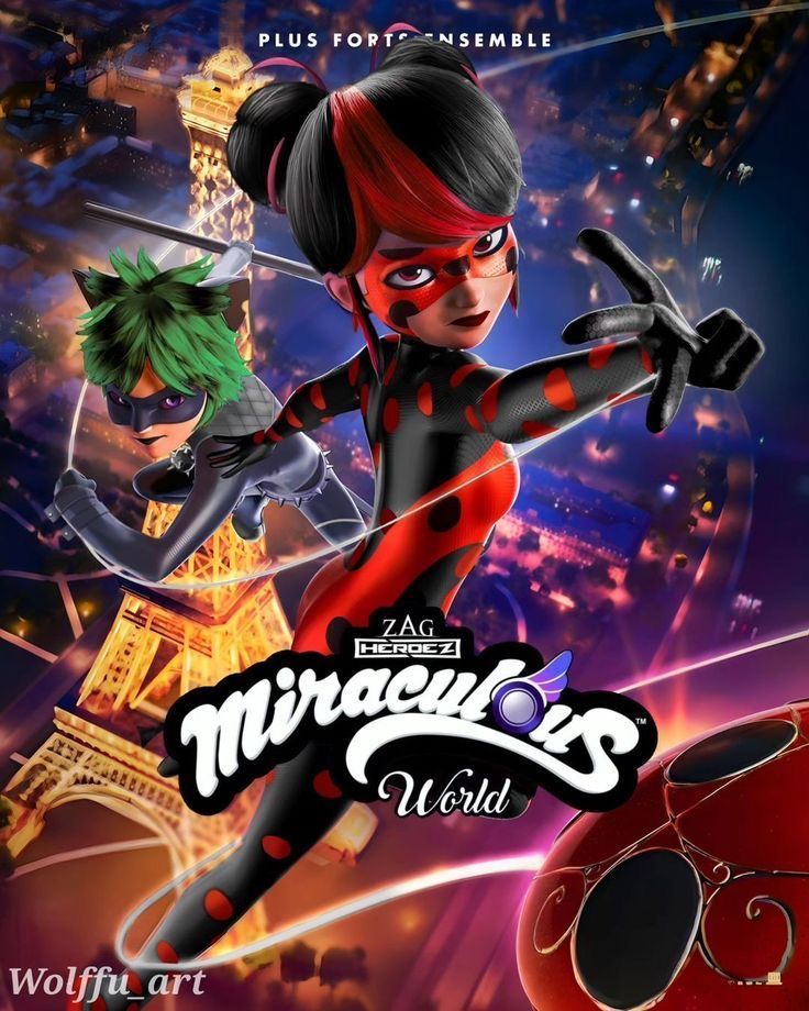 Miraculous World animated movie poster with Ladybug and Cat Noir over Paris and the Eiffel Tower