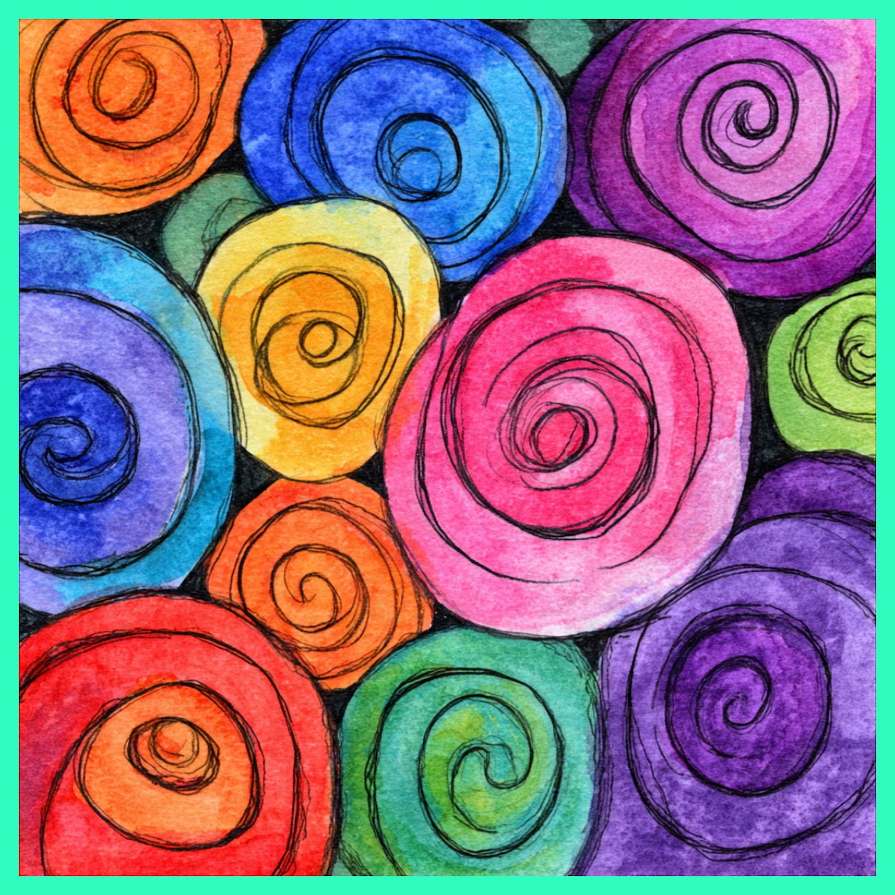 Colorful abstract painting of overlapping spiral rose shapes in vibrant hues with black outlines