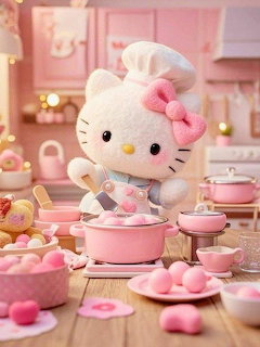 Felt Hello Kitty plush in chef outfit cooking in a pink miniature kitchen with pots and pastries
